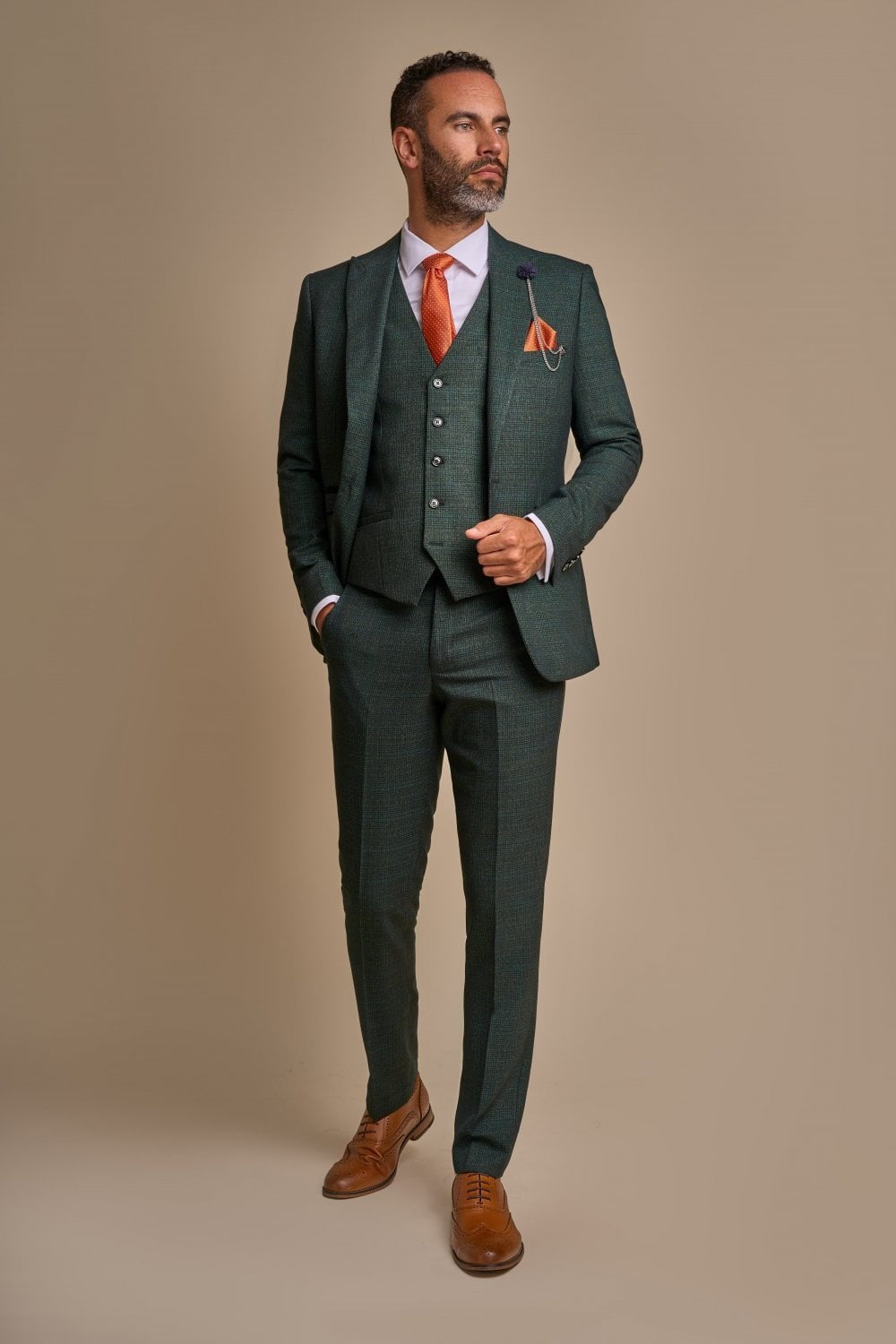 Herren Tweed Hahnentritt Karo Slim Fit Anzug - CARIDI - Olivgrün