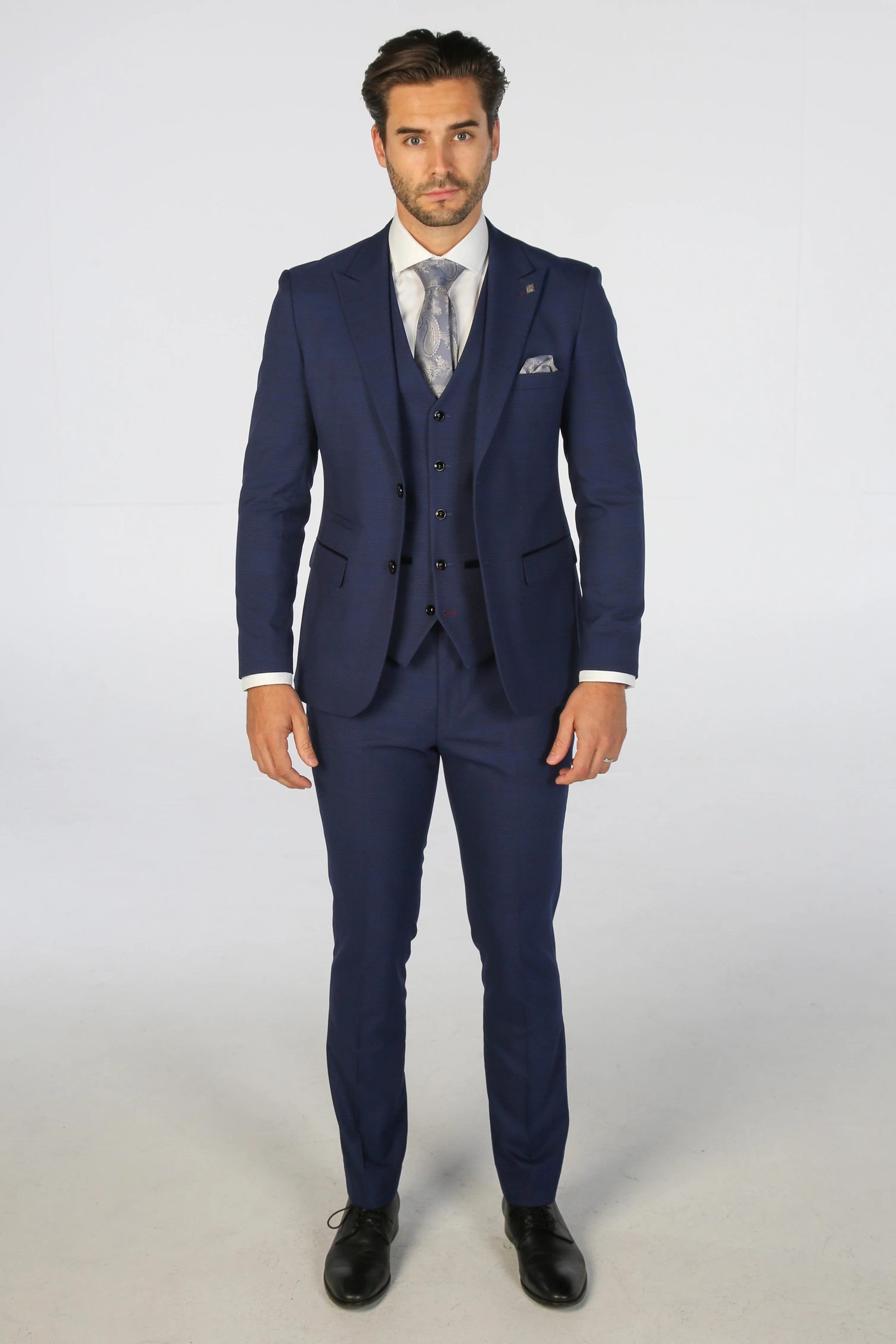 Men's Tailored Fit Navy Blue Check Suit - MARK - Navy Blue