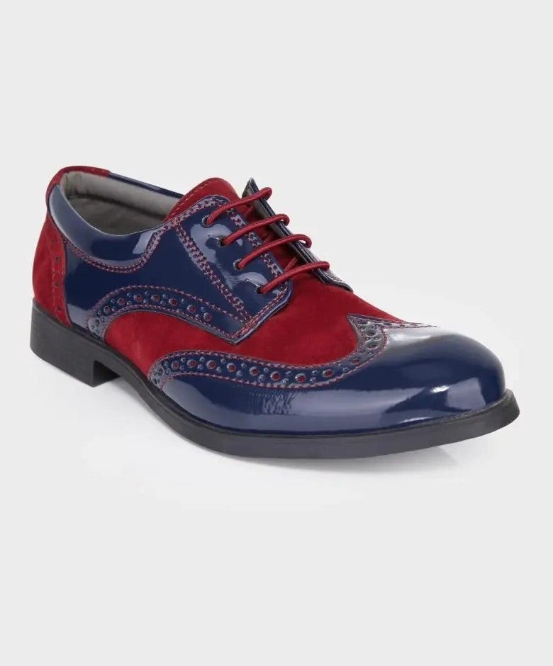 Chaussures Derby Brogue en Cuir Verni et Suède pour Garçons - Bleu Marine - Bordeaux