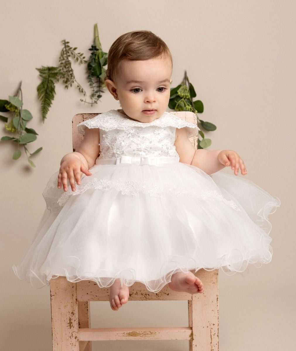 Robe de baptême en dentelle avec cape superposée pour bébés filles - HAZEL - Blanc