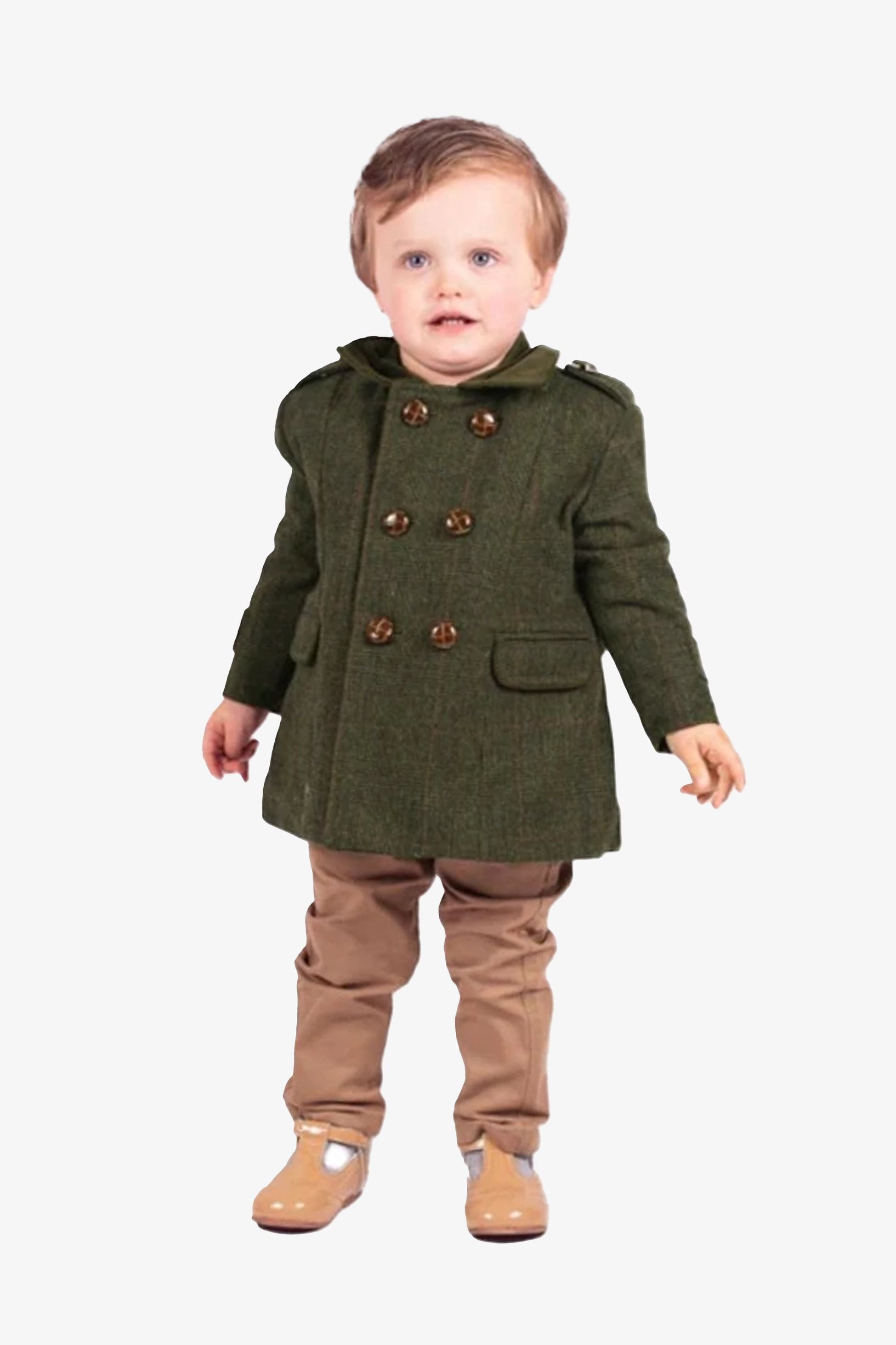 Baby Jungen Tweed Karo Doppelreihiger Mid-Length Mantel - Olivgrün