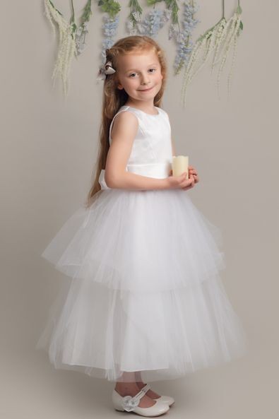 Girls Christening Dress with Satin Bow - K038 - White