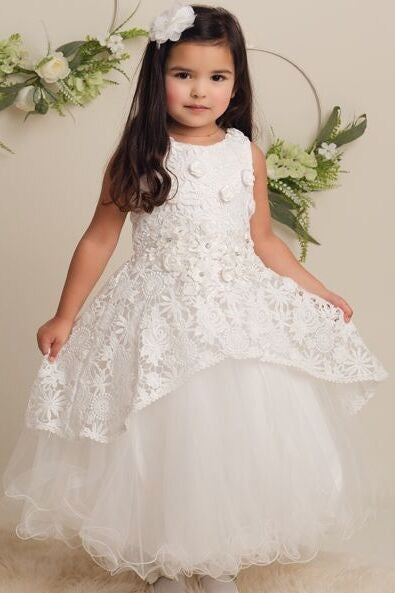 Girls Ivory Flower Lace Overlay Tulle Dress - RUBY - Ivory