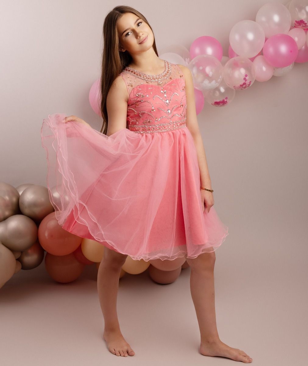 Girls Tulle Dress with Sequin Embellishments - LOLA - Coral Pink