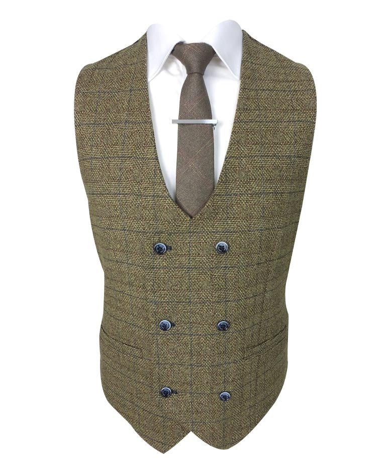 Gilet à double boutonnage en tweed à carreaux pour hommes - ASCARI - Marron