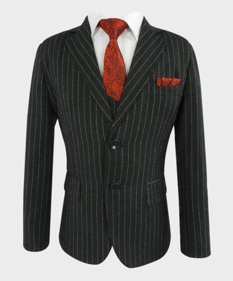 Boys Tailored Fit Pinstripe Dark Grey Suit Set - Dark Grey