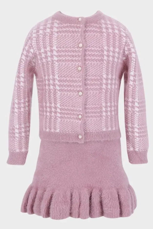 Ensemble Robe et Cardigan en Tweed à Chevrons pour Filles - Rose