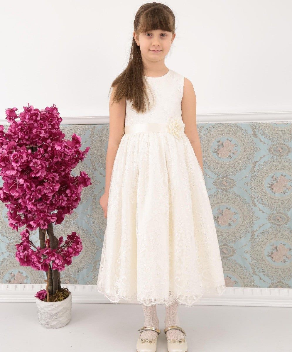 Girls Sleeveless Lace Embroidered Dress - Ivory