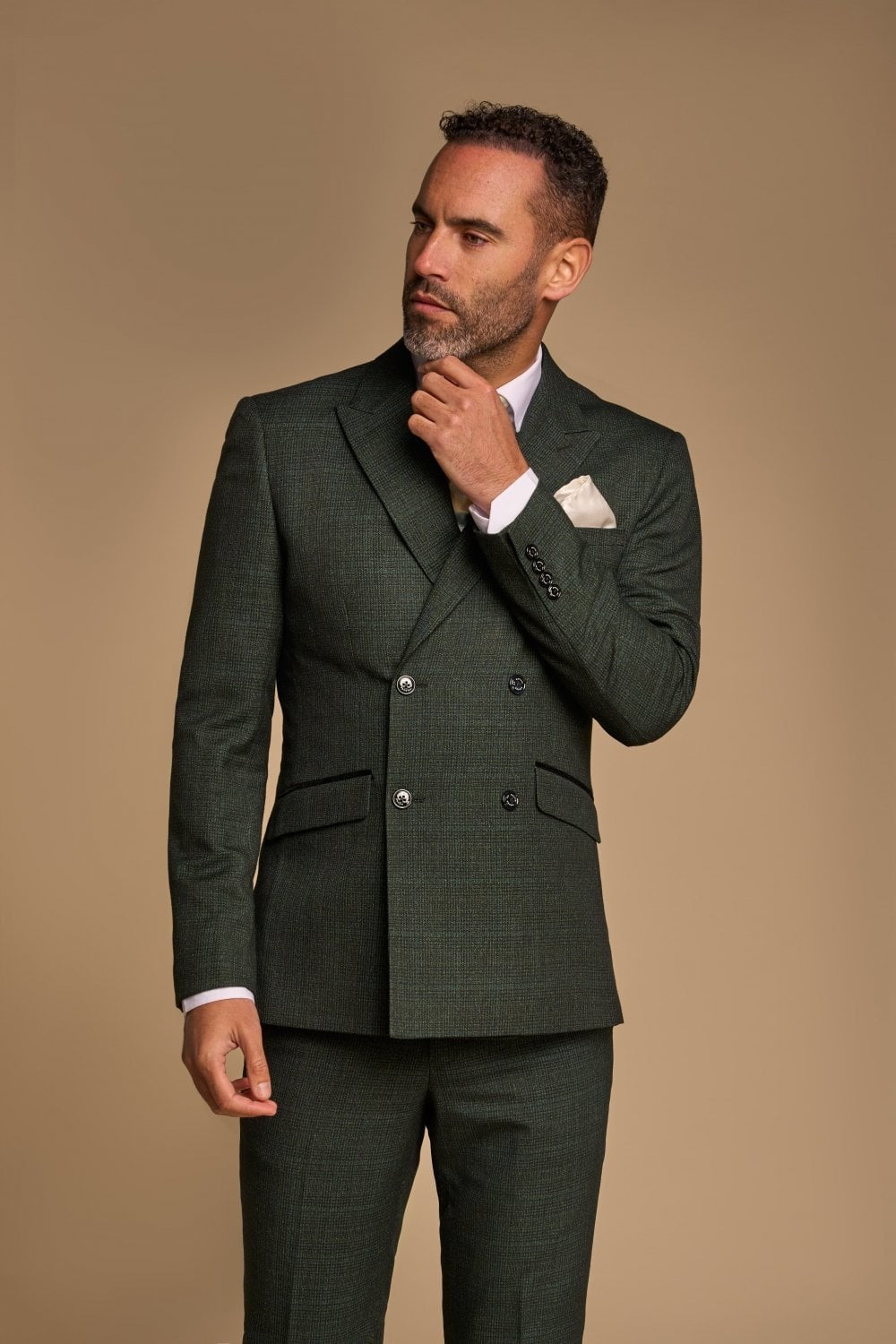 Men's Houndstooth Double-breasted Suit Jacket - CARIDI - Olive Green