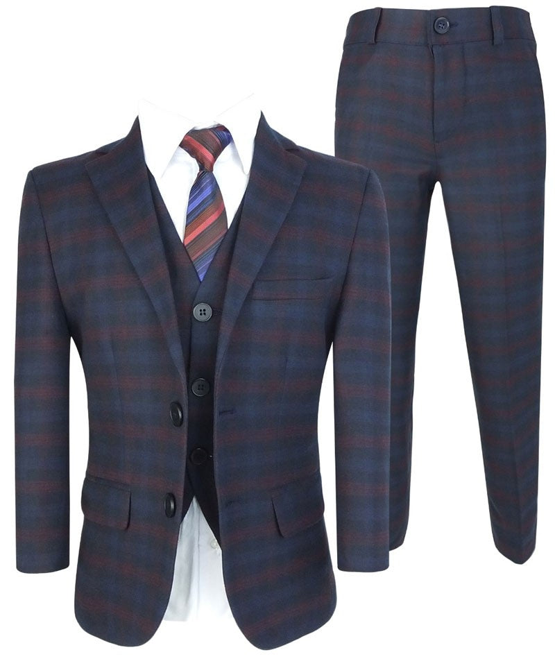 Costume à Carreaux Rétro Tailored Fit Bleu Marine pour Garçons - Bleu Marine - Rouge