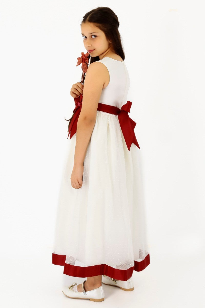 Robe de Communion en Tulle sans Manches pour Filles - Blanc - Bordeaux