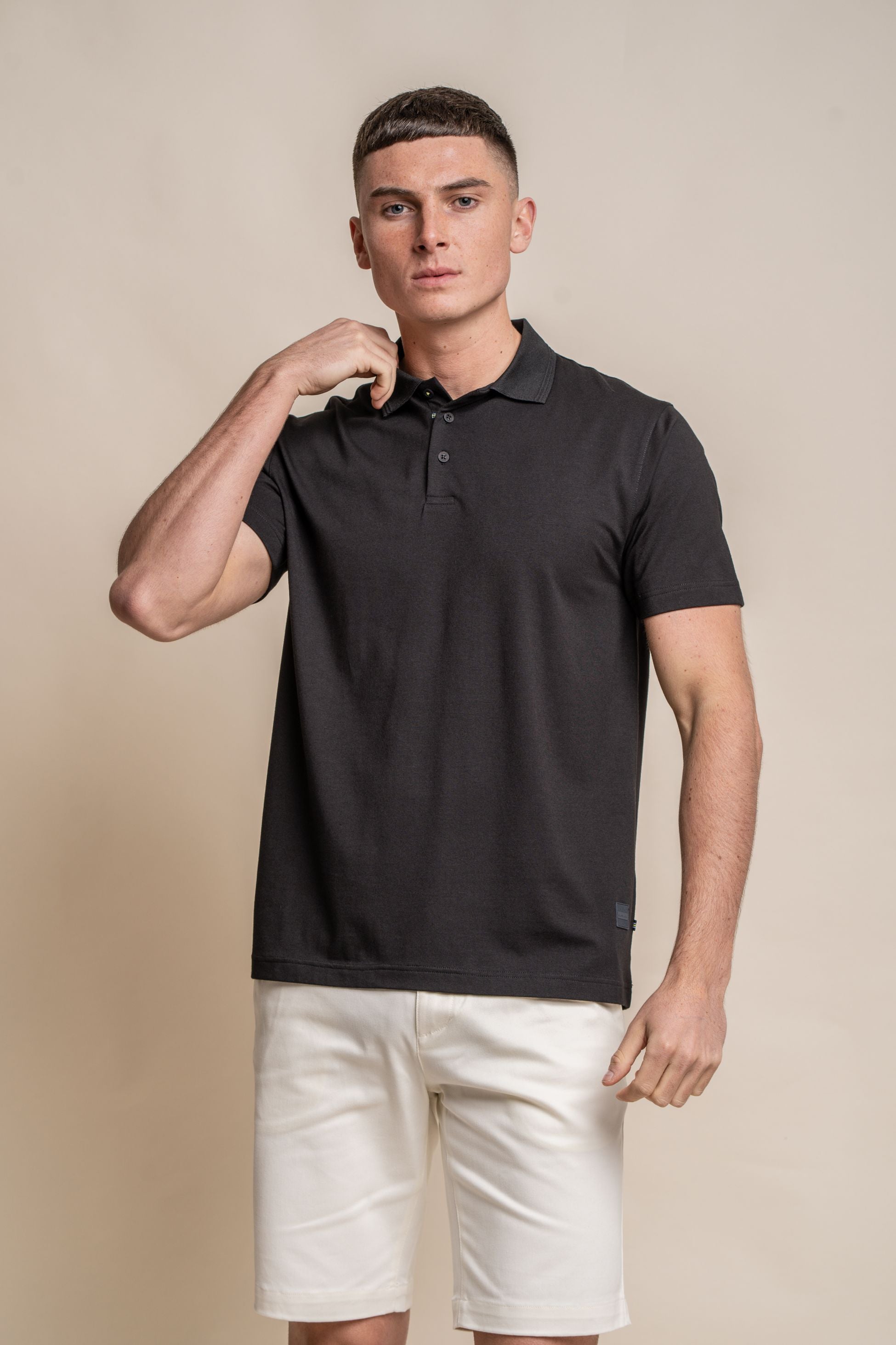 T-shirt polo en coton à manches courtes ajusté pour hommes - Kelsey - Noir