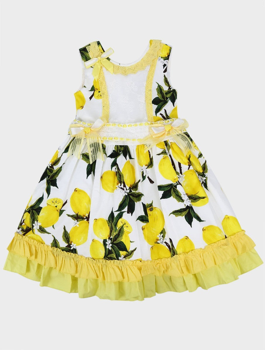 Robe sans Manches en Dentelle à Volants Floraux pour Filles - Blanc et Jaune