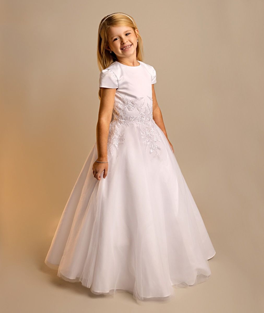 Robe de communion blanche avec broderies florales pour filles - Elodie - Blanc