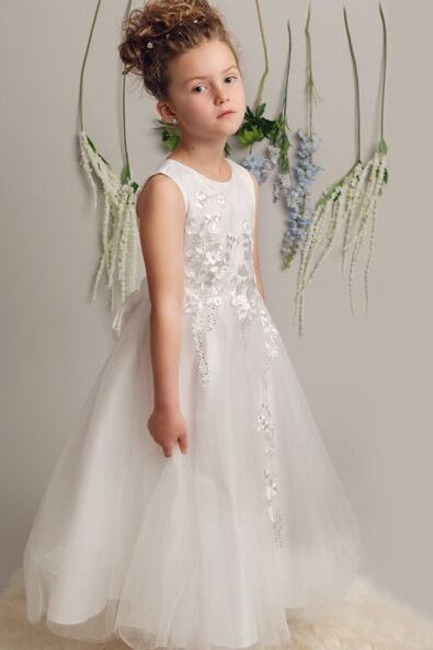 Robe à fleurs pour fille avec broderie et nœud - LUCKY - Ivoire