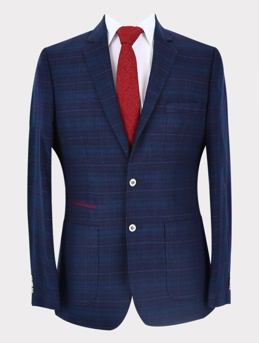 Men's Tweed Check Slim Fit Dark Blue Blazer - COSTELLO - Dark Blue