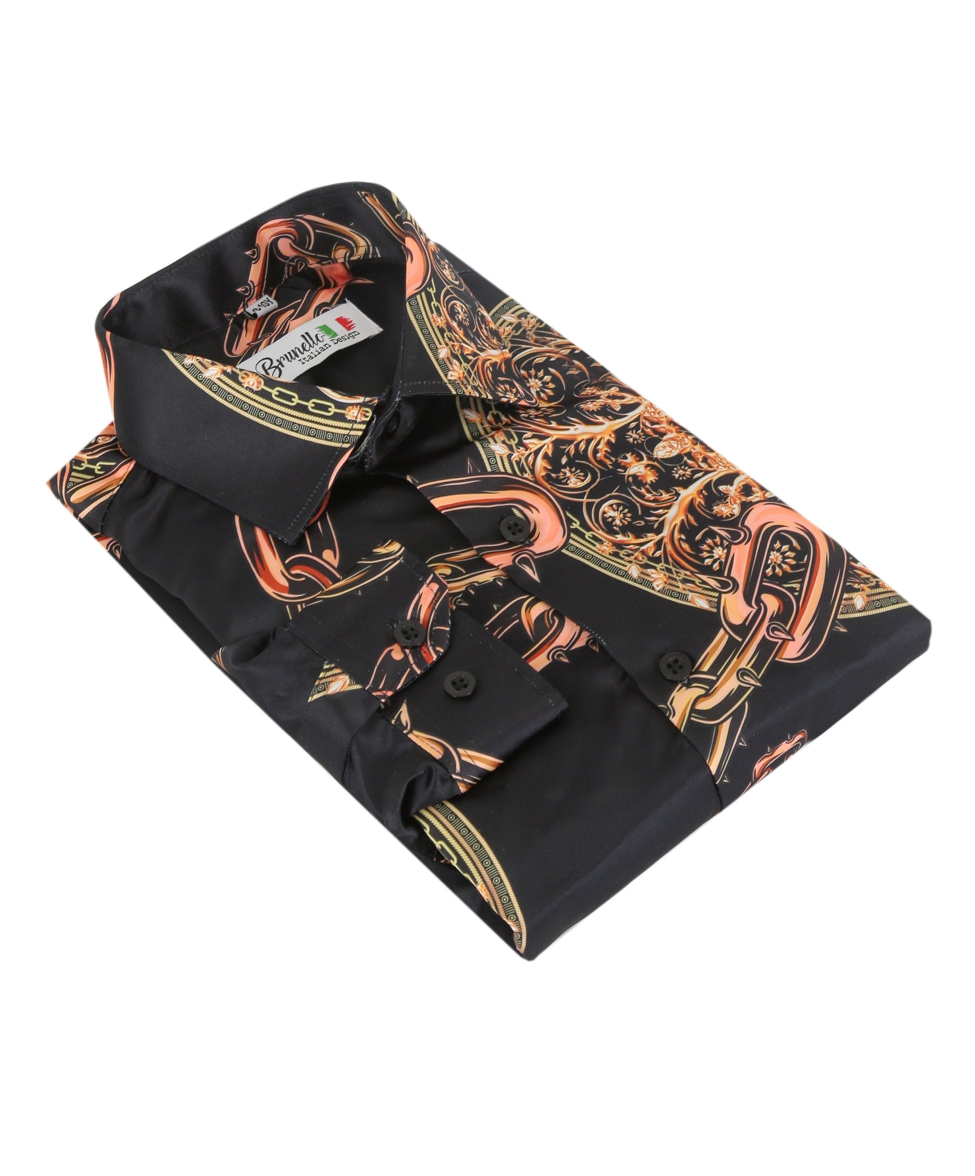 Chemise en satin imprimée à manches longues pour hommes - Noir et Orange