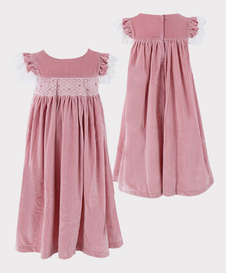 Ensemble de Robe de Nuit en Velours Smocké 2 Pièces pour Filles - Rose