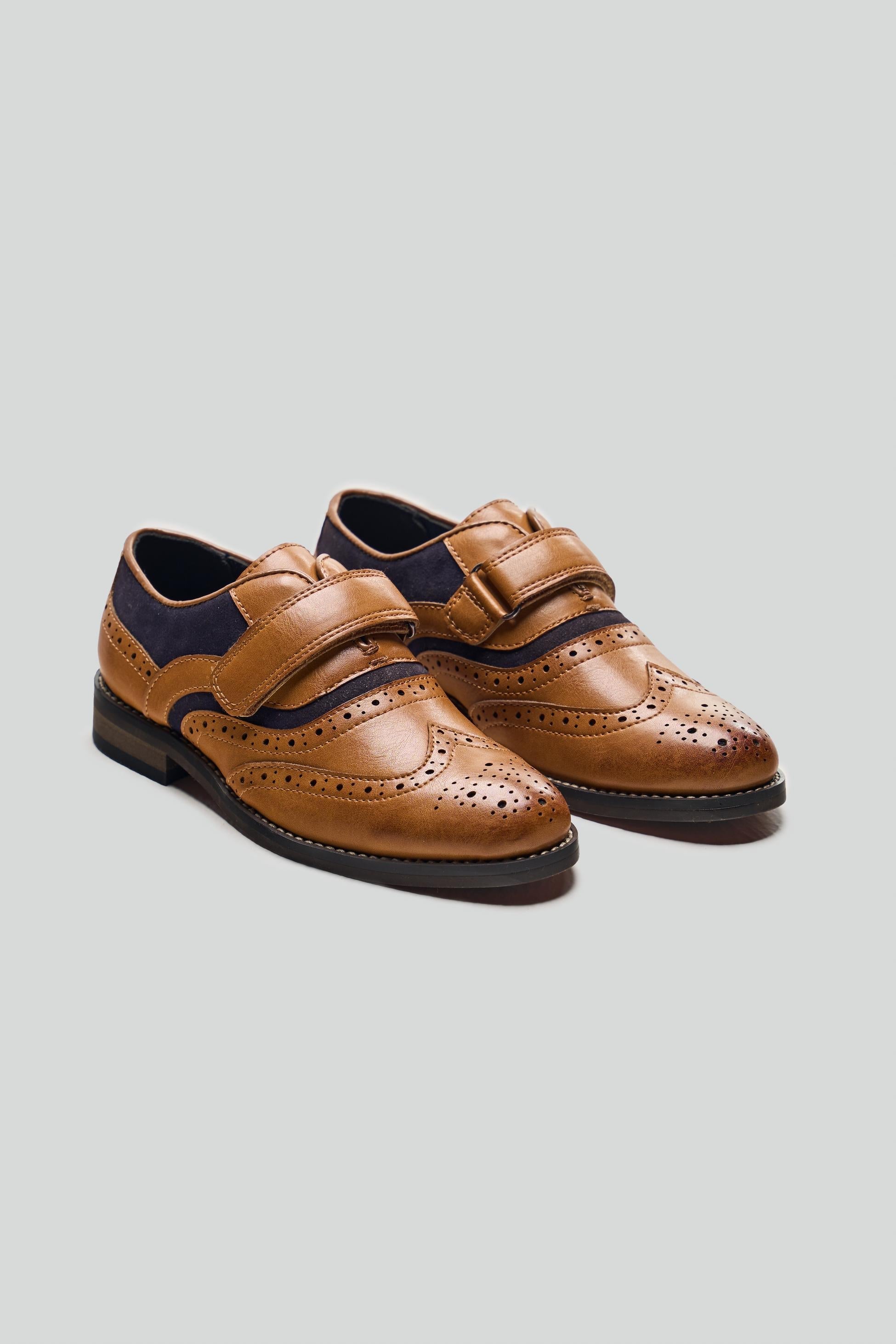 Boys Velcro Oxford Brogue Dress shoes - RUSSEL - Tan Brown - Navy Blue