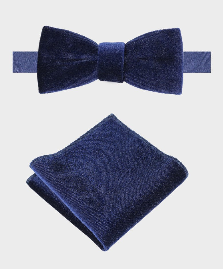 Ensemble Nœud Papillon et Mouchoir en Velours pour Garçons et Hommes - Bleu Marine