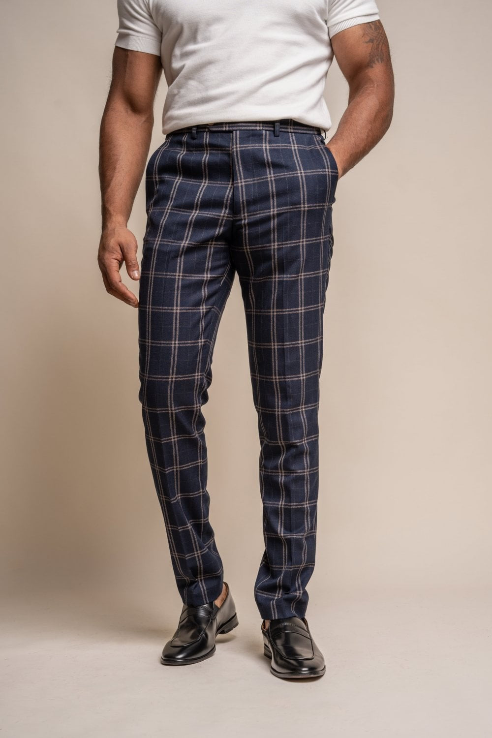 Men's Retro Check Navy Trousers - HARDY - Navy Blue