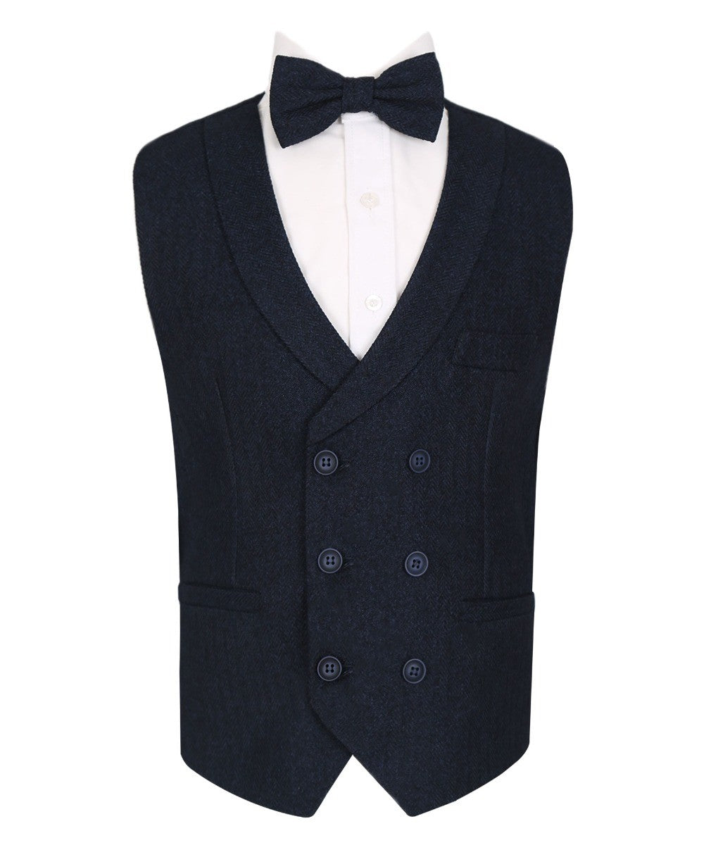 Men's and Boys Herringbone Double-breasted Waistcoat Set - Navy Blue