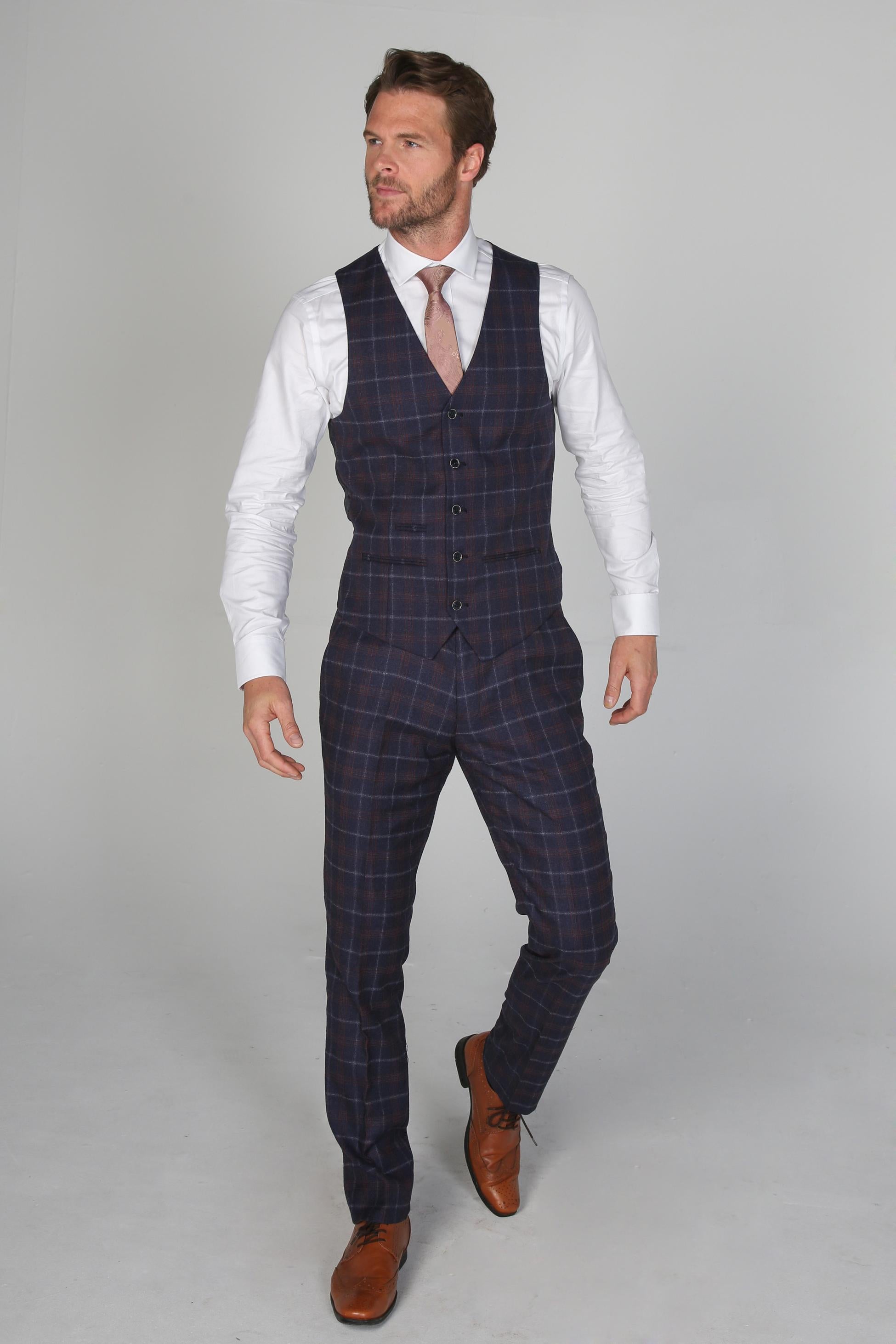 Men’s Retro Check Navy Waistcoat- KENNETH - Navy