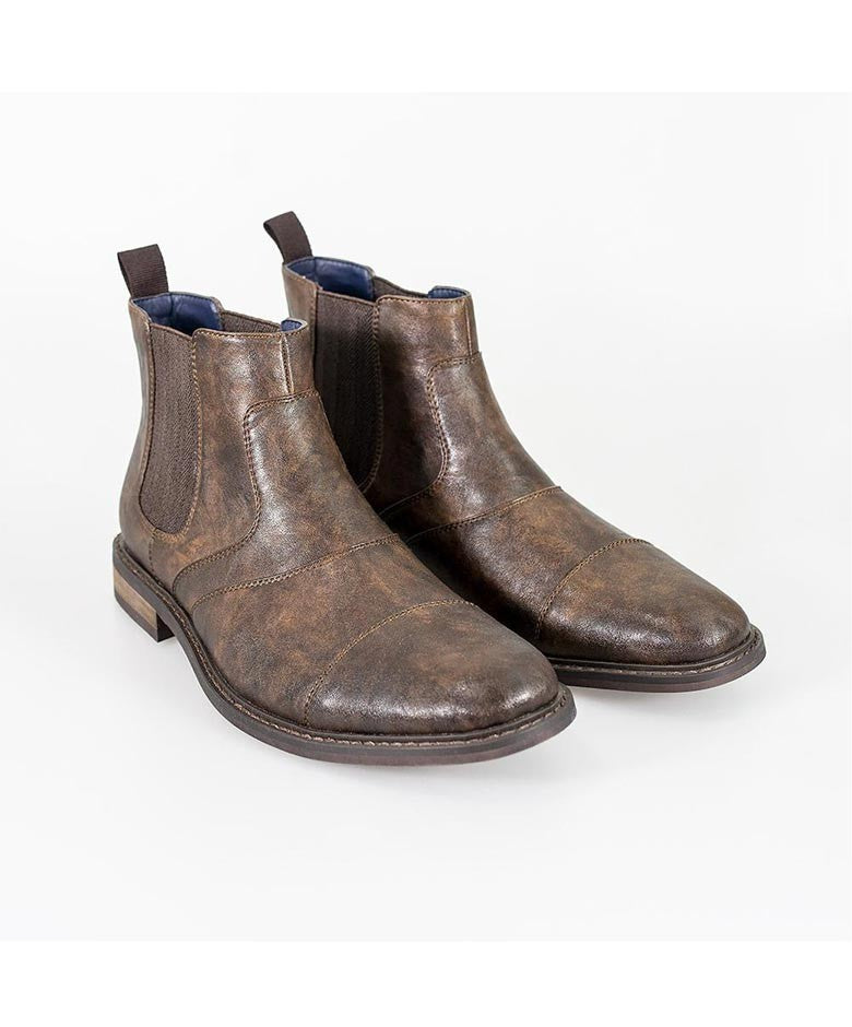 Bottes Chelsea en cuir à enfiler couture italienne pour hommes - Marron Foncé