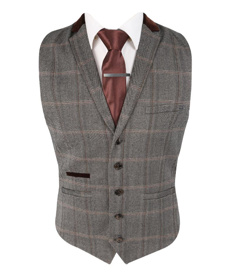 Herren Slim Fit Tweed Karo Retro Anzug - Connall Braun - Braun