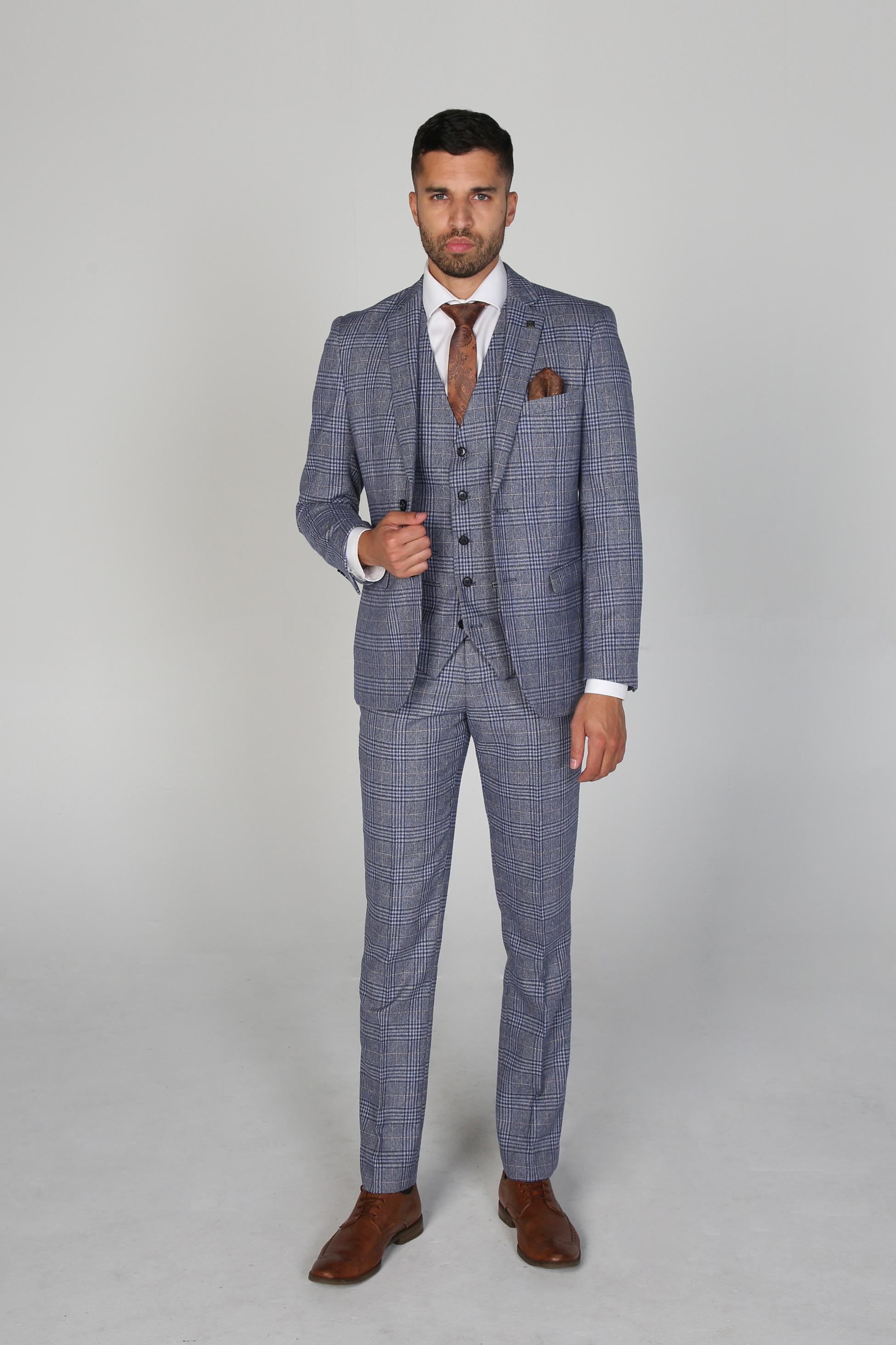 Men's Retro Check Tailored Fit Blue Suit  - VICTOR - Blue