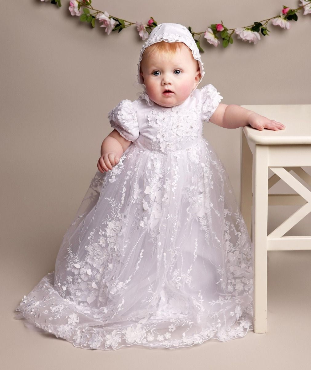 Baby Girls Lace Heirloom Christening Gown & Bonnet - RACHEAL - Off white