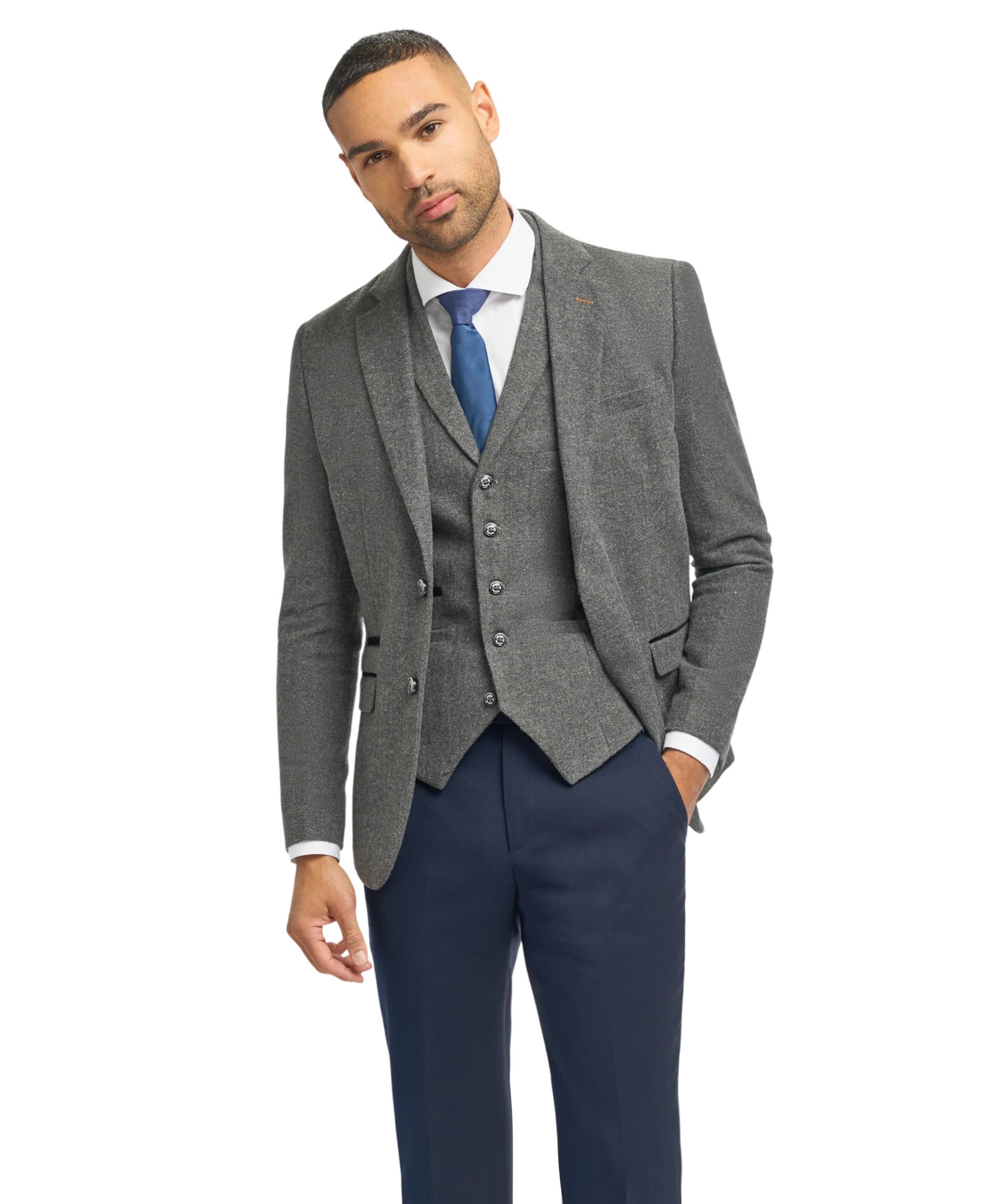 Veste en tweed gris à motifs herringbone et gilet avec pantalons slim fit bleu marine - Gris - Bleu Marine