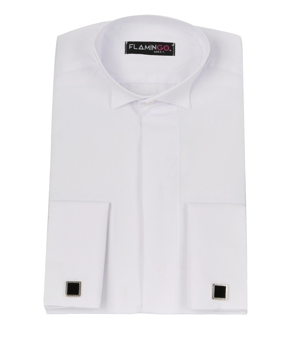 Boys Wing Collar White Cufflink Shirt - White