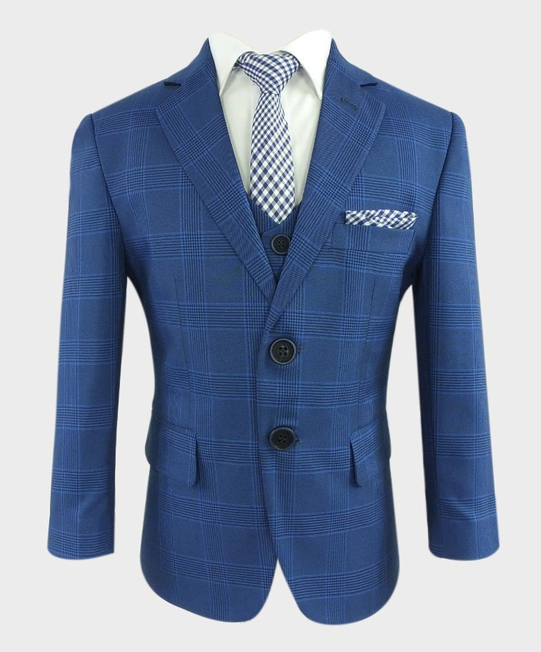 Boys Windowpane Check Tweed Tailored Fit Suit - Blue