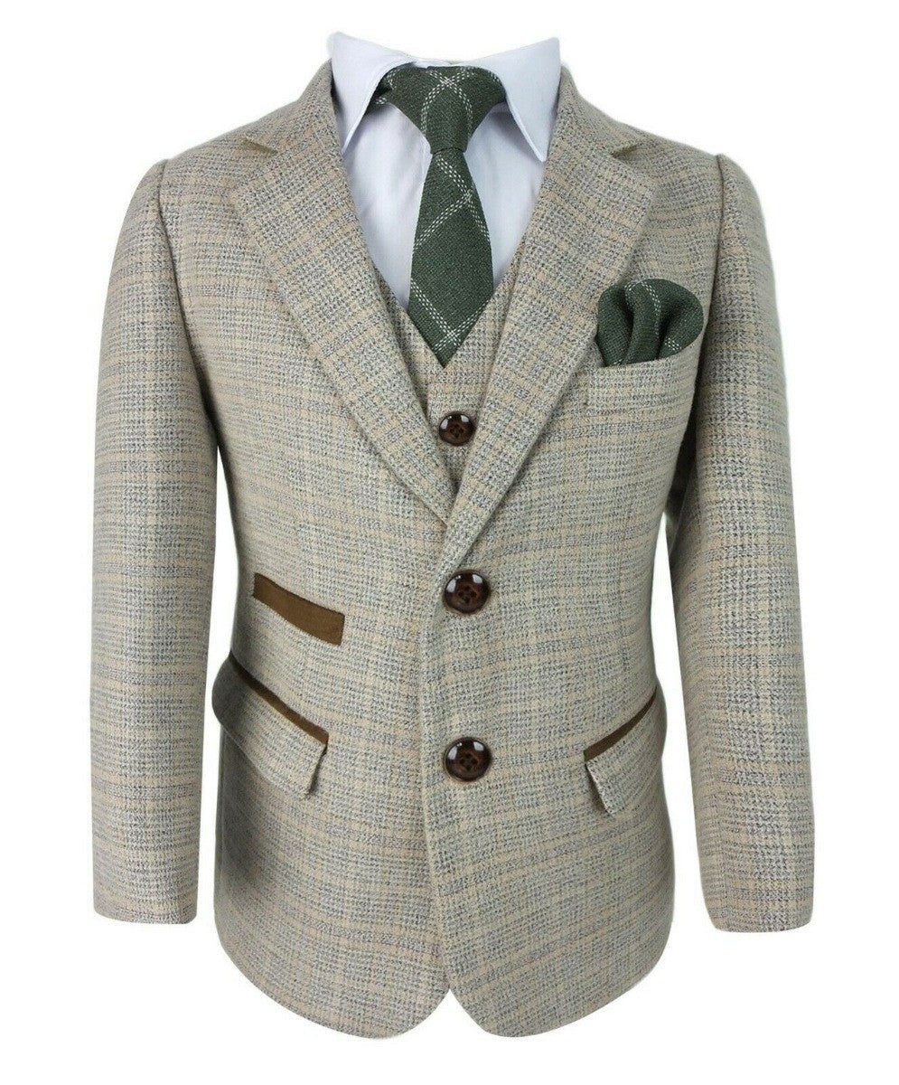 Jungen Tweed Karo Maßgeschneiderter Beige Formalanzug - HOLLAND - Beige - Braun