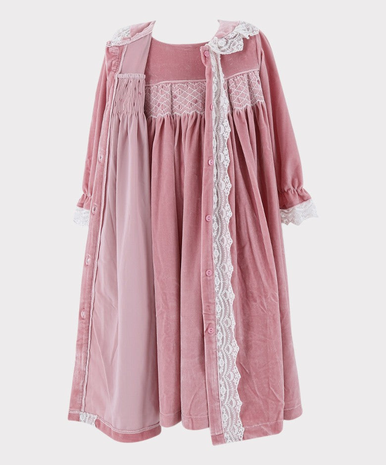 Ensemble de Robe de Nuit en Velours Smocké 2 Pièces pour Filles - Rose