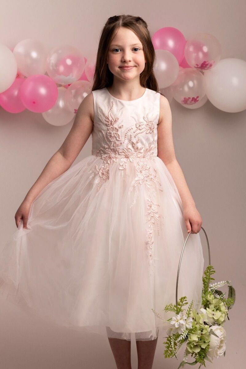 Mädchen Florales Besticktes Kleid mit Tüllrock - NYRA - Blush Pink