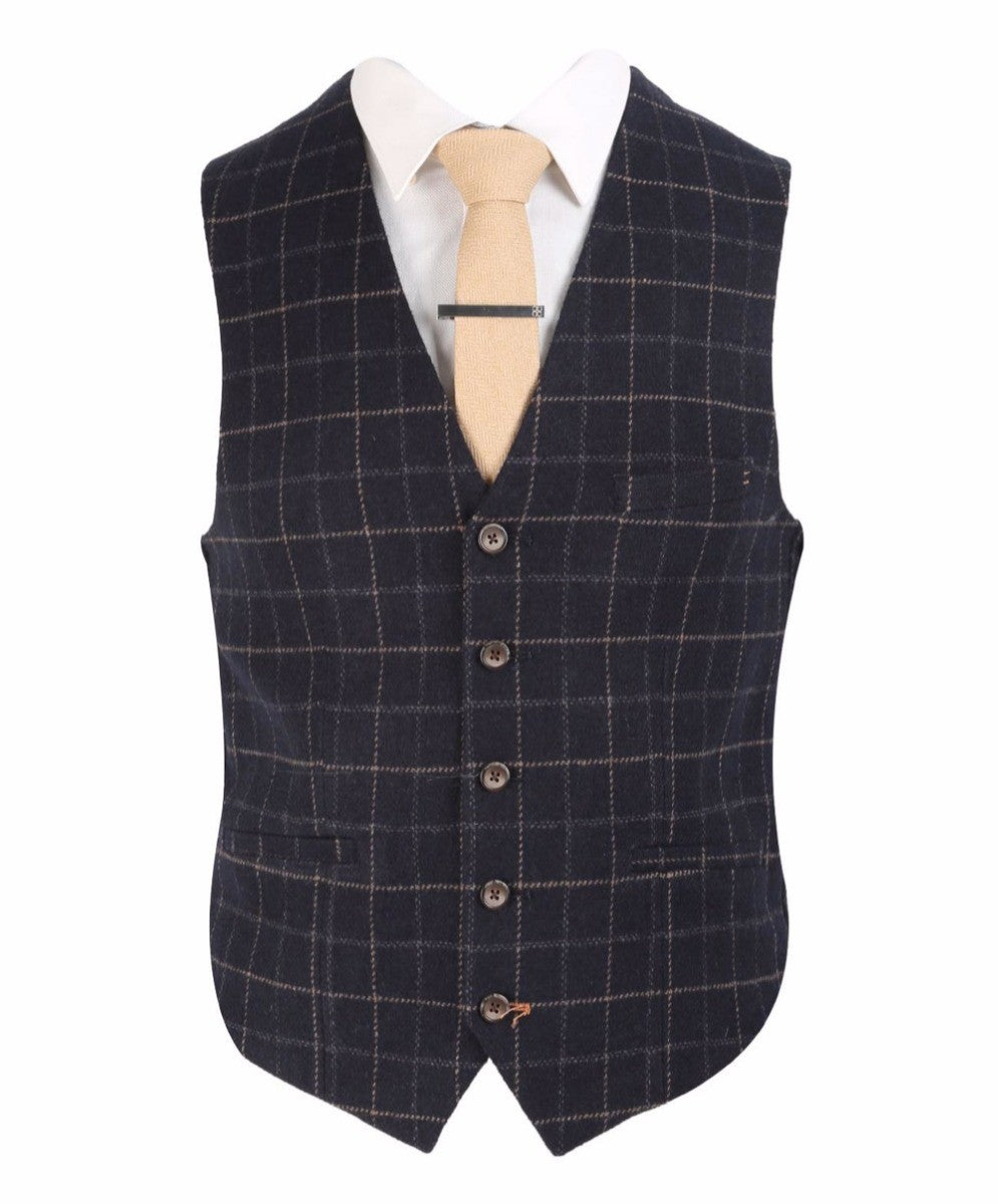 Gilet en Tweed à Motif Check Bleu Marine Slim Fit pour Homme - SHELBY - Bleu Marine