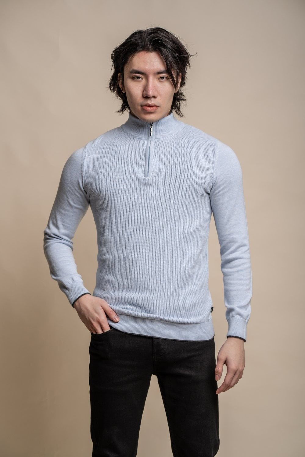 Pull en coton à demi-zip tricoté - KYLE - Marlin Bleu