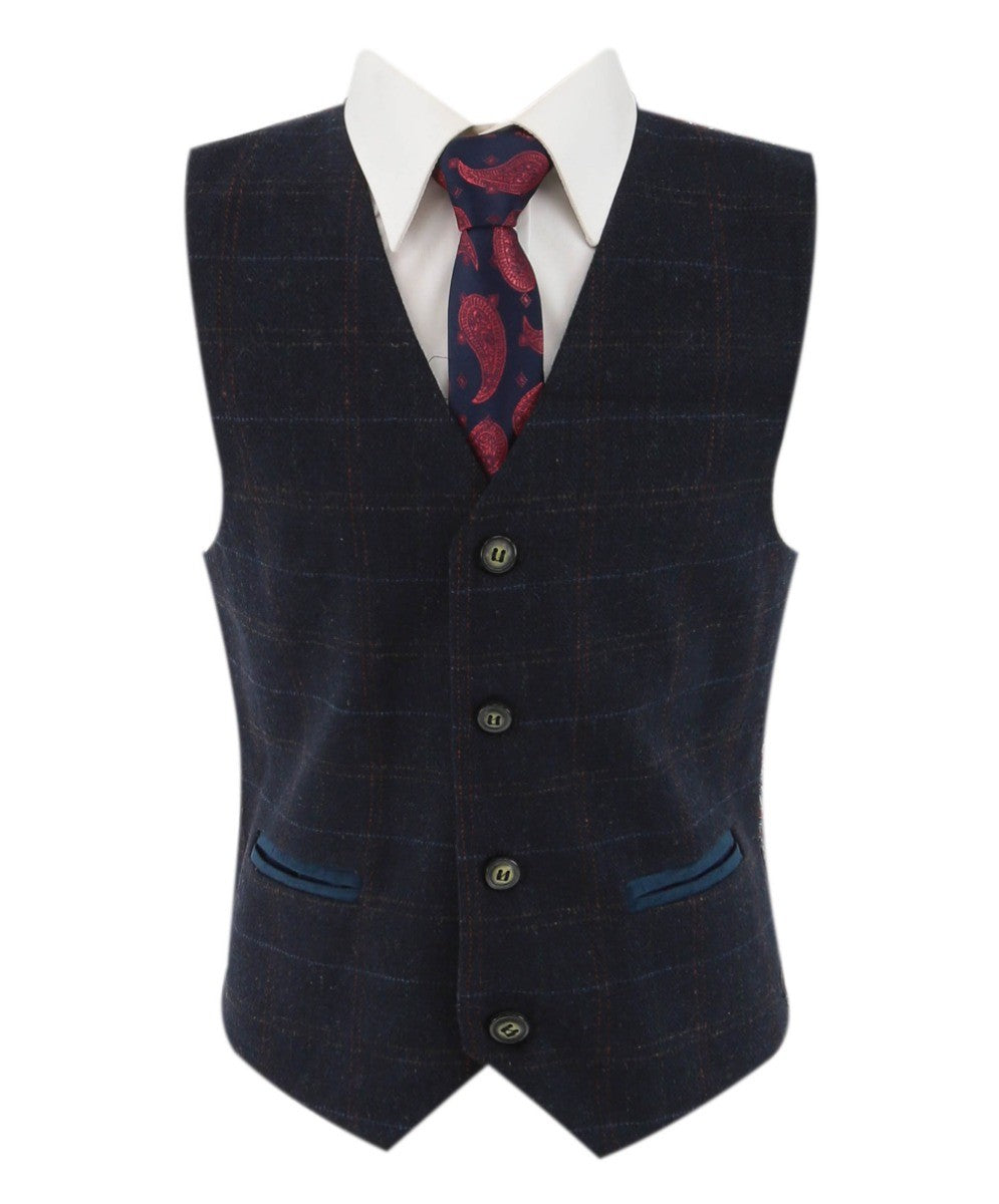 Jungen Tweed Windowpane Karo Maßgeschneiderter Anzug - Ryan Navy - Marineblau