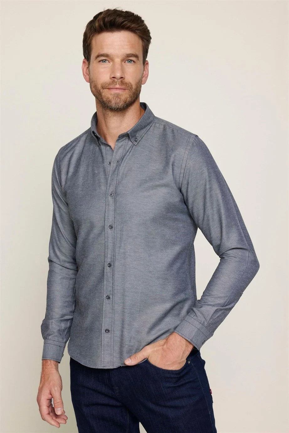 Chemise en coton ajustée à col boutonné - GABARDIN - Gris