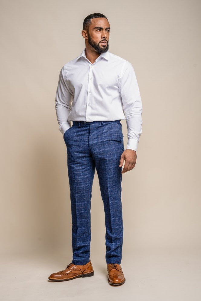 Men's Tweed Check Navy Slim Fit Trousers - KAISER - Navy Blue