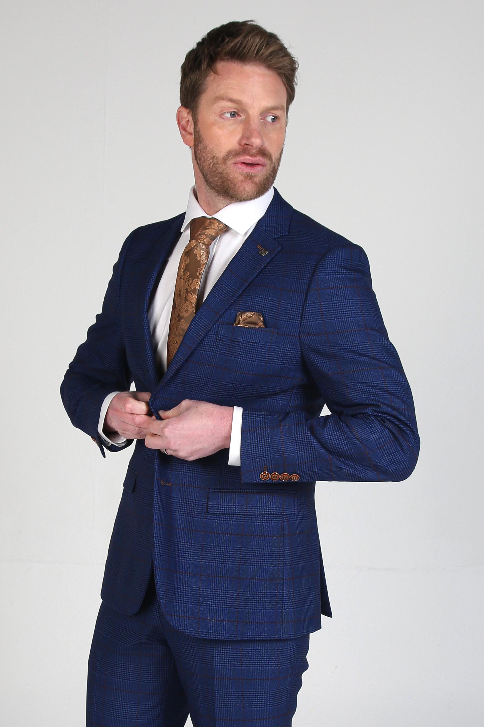 Men's Tweed Windowpane Formal Navy Suit - ALEX - Royal Blue