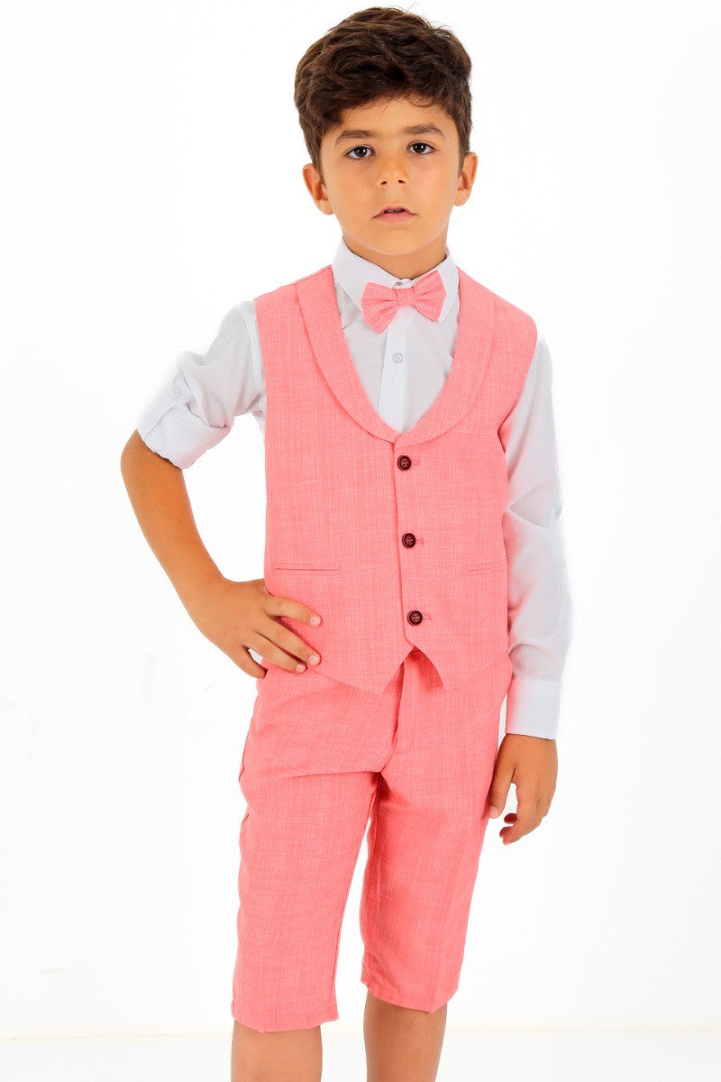 Boys Linen Waistcoat Suit Set - Red