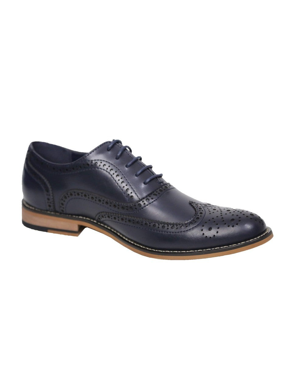 Men's Lace Up Leather Brogue Shoes - OXFORD - Navy Blue