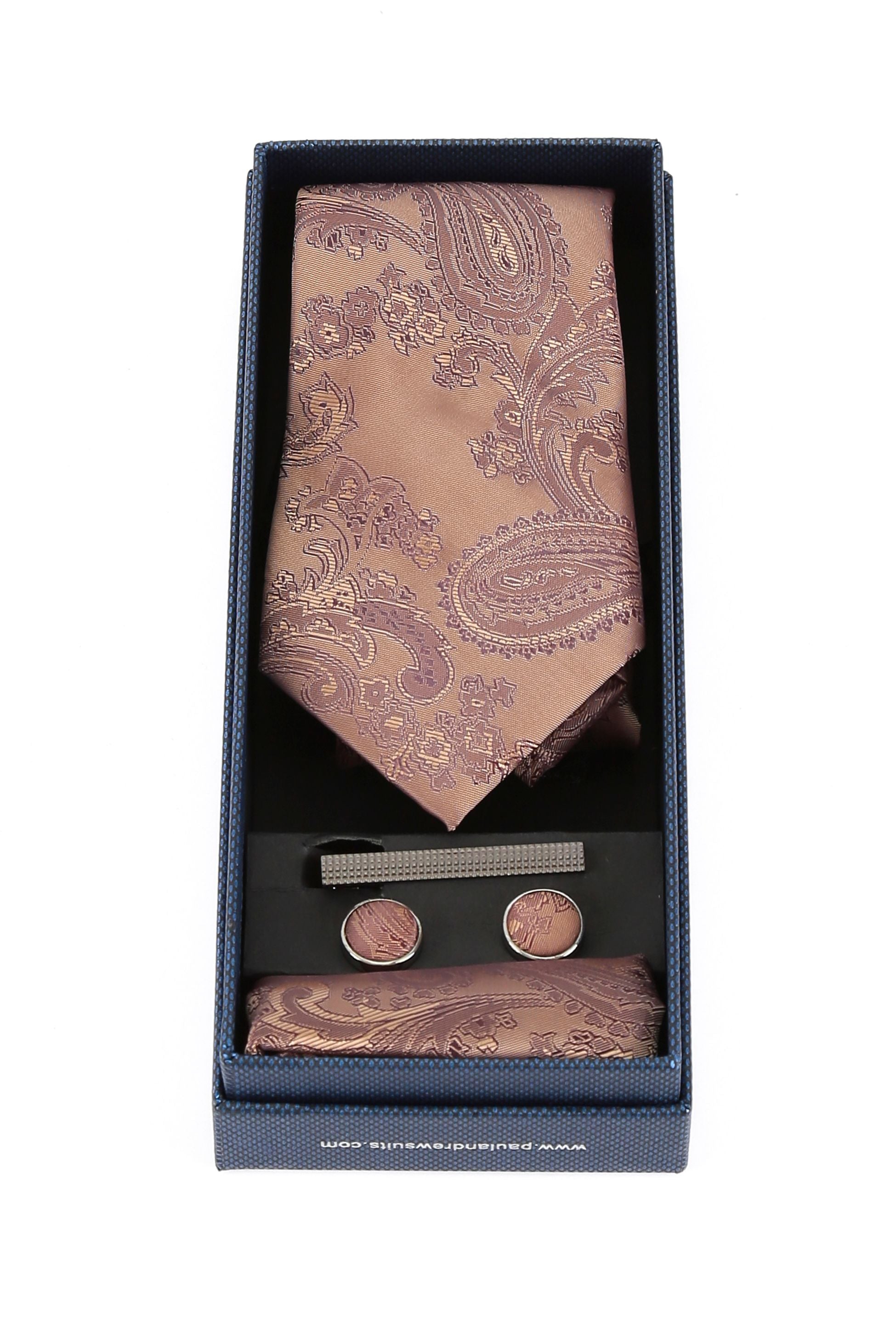 Ensemble cravate et boutons de manchette paisley pour hommes - Marron clair