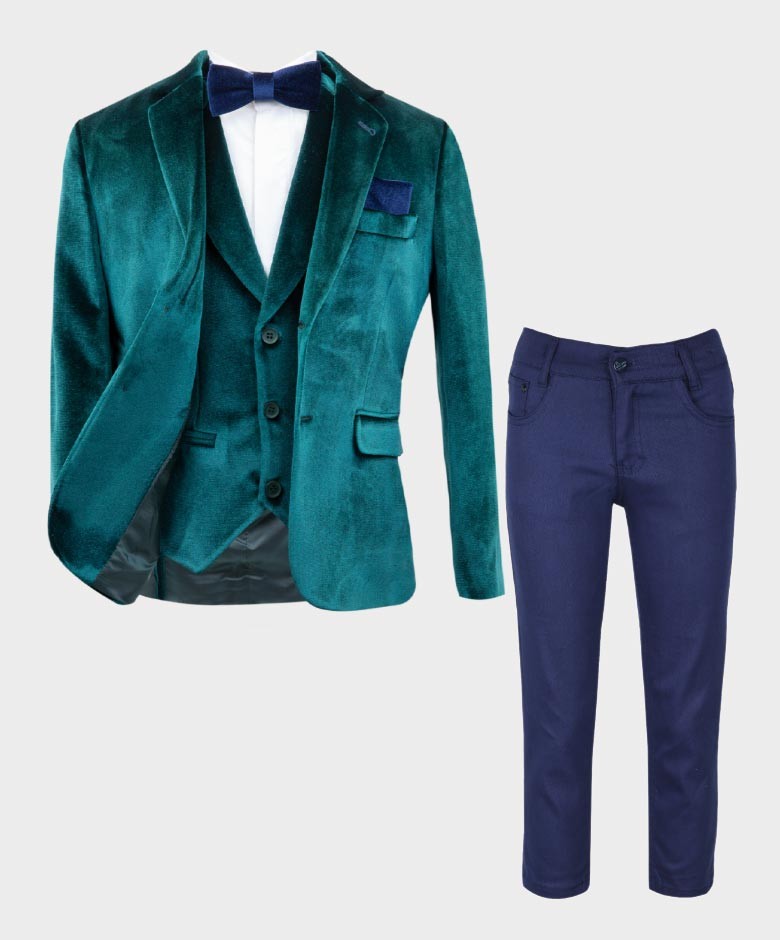 Costume en Velours Tailored Fit avec Patte de Coude pour Garçons - Vert