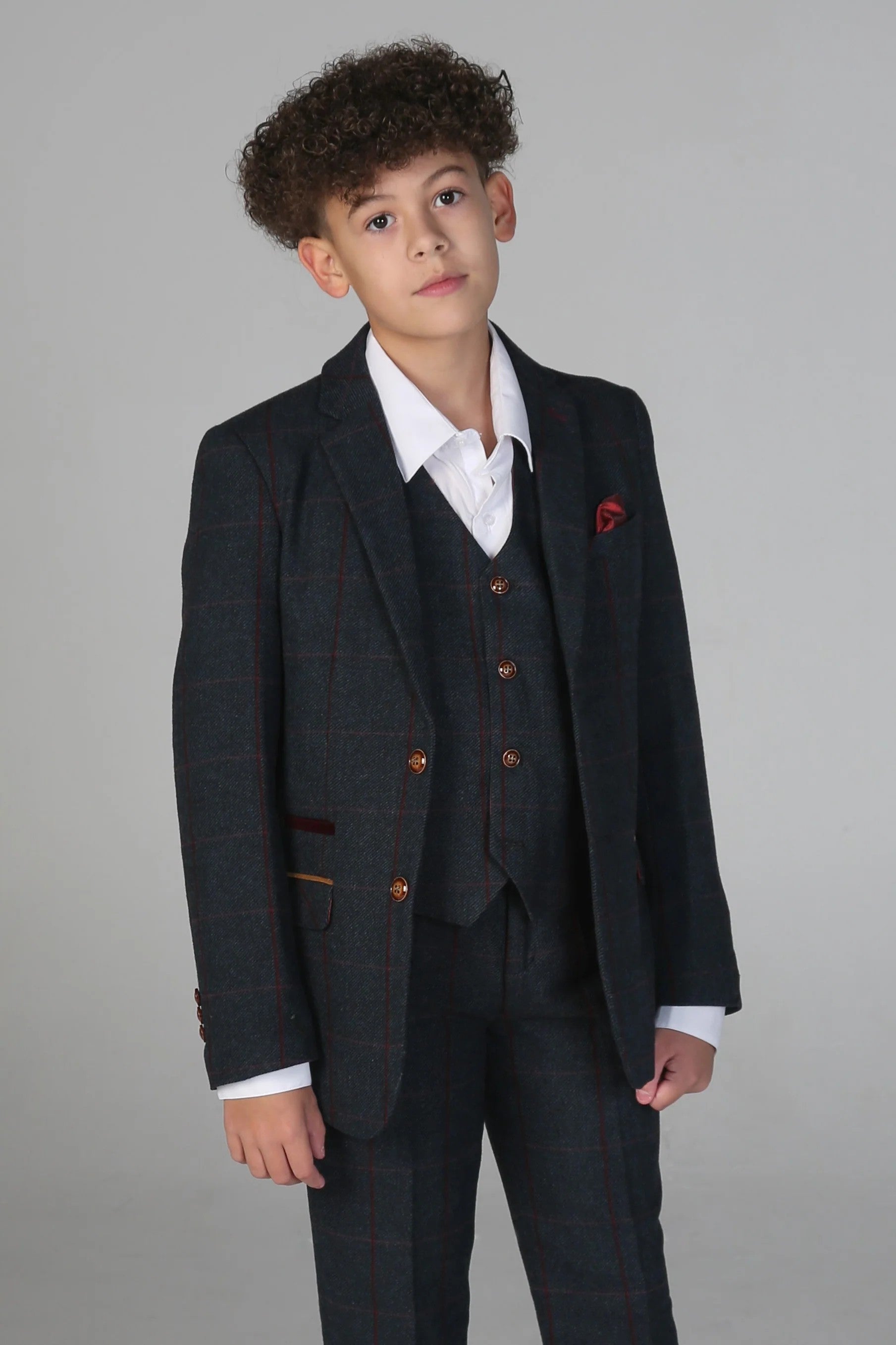 Boys 3 Piece Navy ًWindowpane Check Tweed Suit - MADRID - Navy