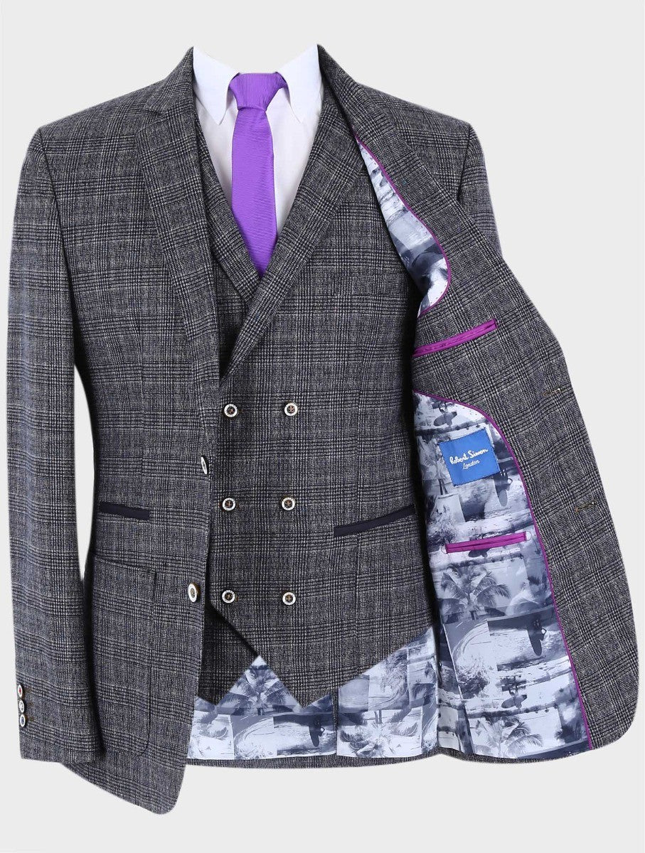 Men's Tweed Check Slim Fit Grey Blazer- COSTELLO - Grey