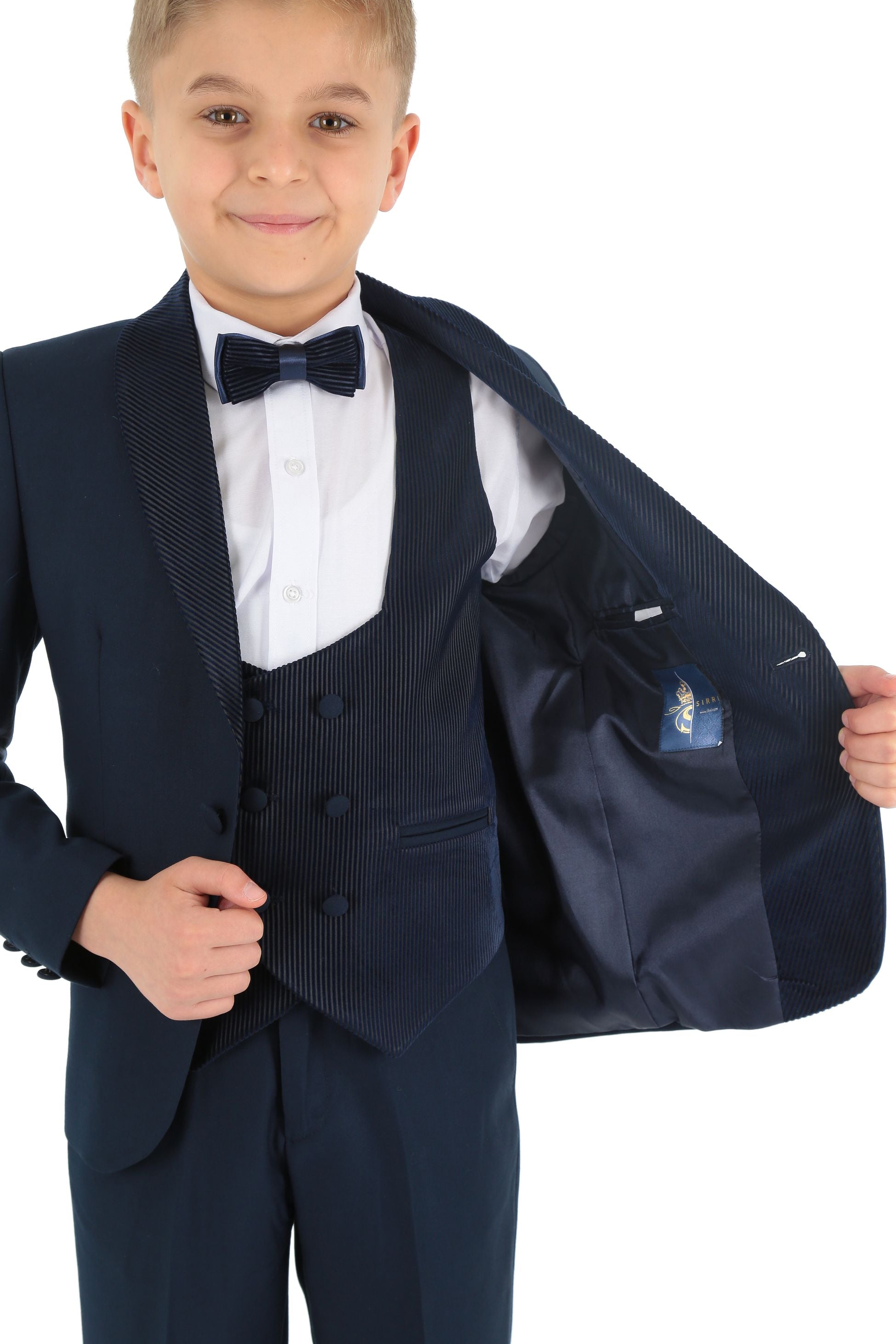 Costume Tuxedo avec Gilet en Velours Côtelé et Revers Shawl pour Garçons - Bleu Marine